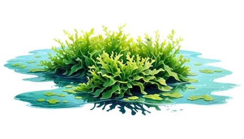 Underwater seaweed, green slimy leaves, wavy tendrils, ocean floor, transparent background, soft focus, shallow depth of field, warm sunlight filtering through water, gentle ocean currents, delicate d