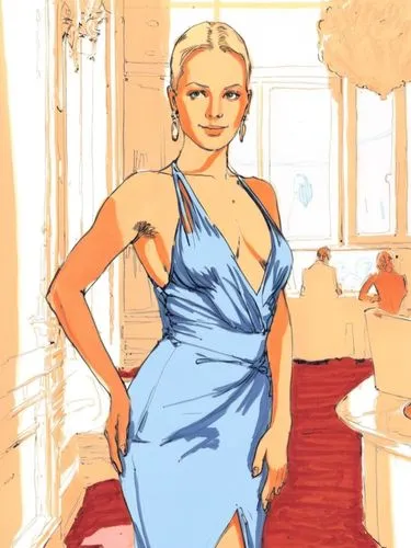 simple drawing of a woman with blonde hair in a dress near a window,a drawing of a woman in a blue dress,siriano,fashion vector,halston,evening dress,donatella,bardot,Conceptual Art,Fantasy,Fantasy 07