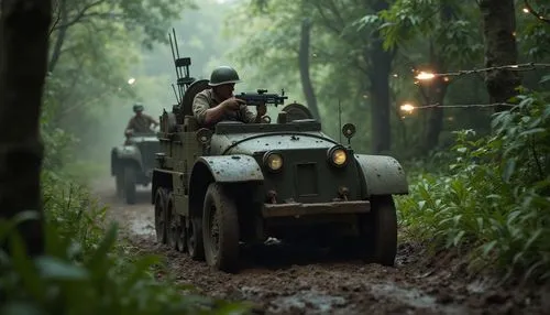 32k photo-realistic Battle of Balikpapan, July 1945 in hyper-realistic shot of an Australian Bren carrier charging through dense jungle during the Battle of Balikpapan (1945). The Bren gun carrier, a 