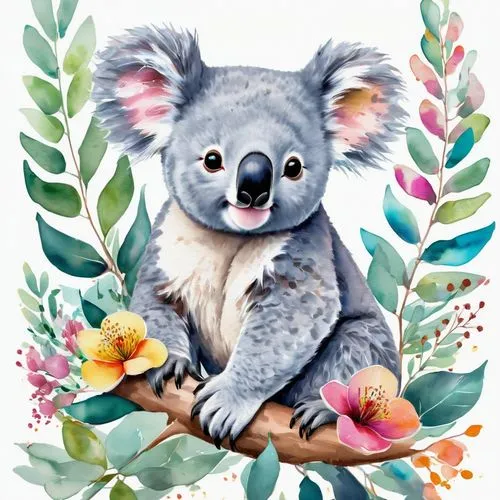 Design a lively wall art piece showcasing a koala perched in a eucalyptus tree. Include lush green leaves with splashes of bright colors from native flowers, and a serene yet vivid sky. Use a combinat