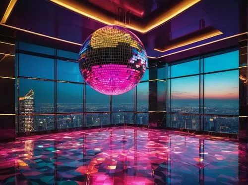 disco ball,mirror ball,disco,skybar,discotheque,discotheques,mirrorball,dancefloors,nightclub,top of the rock,dancefloor,sky city tower view,prism ball,jalouse,skyloft,glass ball,skycity,cosmopolitan,revolving,glass balls,Illustration,Realistic Fantasy,Realistic Fantasy 38