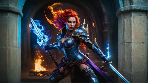 female warrior,firedancer,blue enchantress,massively multiplayer online role-playing game,merida,fantasy warrior,fire artist,sorceress,fantasy woman,dark elf,heroic fantasy,swordswoman,fire background