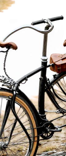 Vintage bicycle, old camera, black and white filter, nostalgic atmosphere, worn leather saddle, rusty chain, classic drop handlebars, metal pedals, worn-out tires, morning sunlight, shallow depth of f