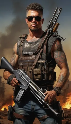 mercenary,shooter game,terminator,man holding gun and light,ballistic vest,merle black,mobile video game vector background,damme,drago milenario,war machine,gi,edit icon,kalashnikov,android game,mad max,cable,marksman,gunsmith,combat pistol shooting,background image,Illustration,Realistic Fantasy,Realistic Fantasy 22