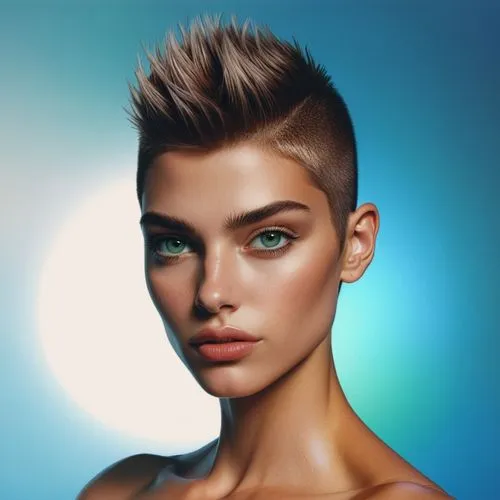 short hair, muscle woman, emerald green eyes,model face mohawk, green eyes,airbrushed,pompadour,airbrush,mohawk,digital painting,airbrushing,Illustration,American Style,American Style 03