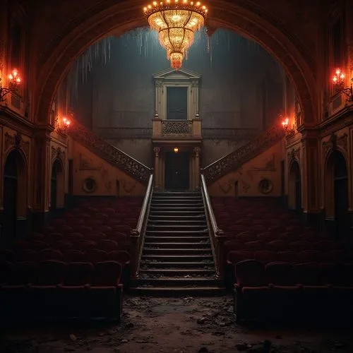 Successful cinema gothic projects, dark mysterious atmosphere, abandoned old cinema, crumbling walls, broken seats, cobweb-covered chandeliers, eerie silence, dim red lighting, grand staircase, ornate