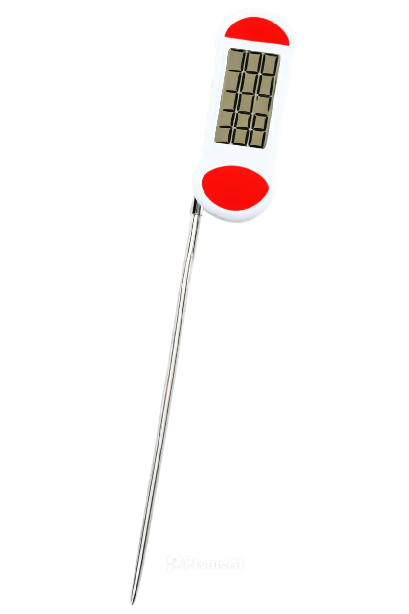 Digital thermometer, white background, modern design, LCD screen, red numbers, thin shape, rounded edges, metallic material, reflective surface, soft lighting, shallow depth of field, 3/4 composition,