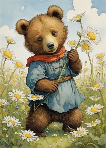 little bear,cute bear,teddy-bear,picking flowers,bear teddy,bear,children's background,cub,bear guardian,bear cub,teddy,teddy bear,scandia bear,meadow play,springtime background,flower painting,nordic bear,girl picking flowers,teddybear,teddy bear waiting,Illustration,Paper based,Paper Based 29