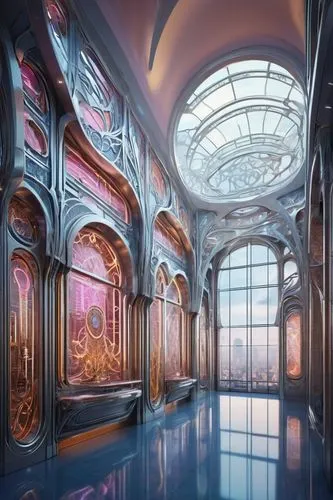 ornate room,ballroom,art deco background,lachapelle,art deco,futuristic art museum,background design,marble palace,proscenium,hall of the fallen,emporium,3d fantasy,art nouveau frames,fractal environment,radiosity,orchestrion,theater curtain,arcona,immenhausen,imaginarium,Illustration,Retro,Retro 08