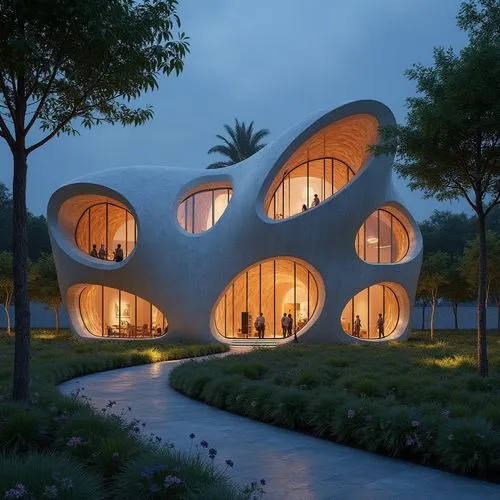  ,several circular houses with large windows, with trees in the foreground,futuristic architecture,cubic house,cube house,modern architecture,kaust,dunes house