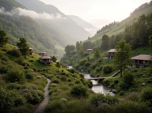 Scenic valley landscape, rolling hills, lush green forests, meandering streams, rustic wooden bridges, natural stone pathways, wildflowers, misty atmosphere, soft warm lighting, shallow depth of field