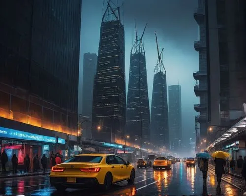 Rapidly growing cityscape, futuristic skyscrapers, sleek modern architecture, glass and steel buildings, bustling streets, busy traffic, neon lights reflecting off wet pavement, rainy night, misty atm