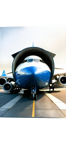 Cargo airplane, Boeing 747, white and blue body, large wings, four turbofan engines, open cargo door, metal ramp, crates and boxes inside, pilot in cockpit, sunlight reflecting off metallic surface, l