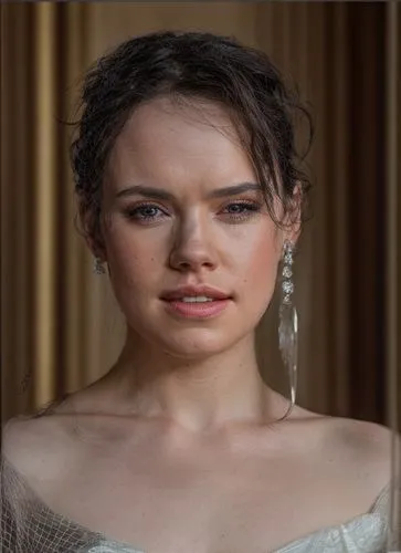 a portrait of a beautiful Daisy Ridley 25 years old black hair in a glamourous dress and a cristal earring in the ear, the city of Paris as background in 4k,daisy jazz isobel ridley,female hollywood a