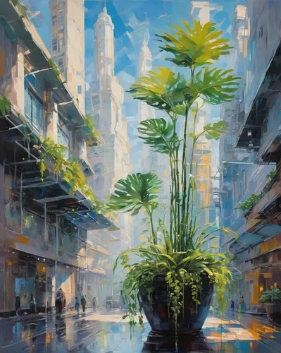 hanoi,palm lilies,shanghai,cityscape,fern plant,urban landscape,hong kong,oasis,futuristic landscape,bamboo plants,urban,kowloon,taipei,ikebana,ferns,plants,vietnam,urbanization,world digital painting,green plants,Conceptual Art,Oil color,Oil Color 10