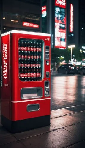 Coca-Cola vending machine, shiny metallic surface, bright red and white colors, rounded edges, buttons and screen on front, Coke logo prominent, glass bottle or can dispenser, urban setting, city stre