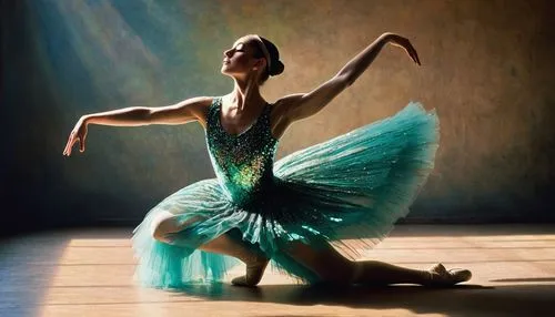 A forgotten photograph: a vintage ballerina, her form ageless, stretches in a sunlit studio. The vibrant colors of her flowing dress seem to dance with the light glinting off her sequined leotard. A s