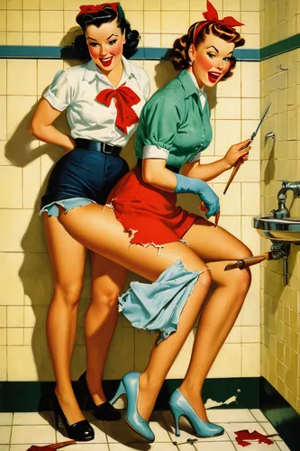 Write a humorous dialogue between two friends trying to repair a ripped pair of pants in a public restroom.,retro pin up girls,pin-up girls,pin up girls,pin ups,valentine day's pin up,pin-up,pin up,ho