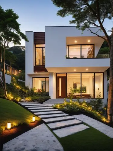 3-storey modern house, sleek lines, white exterior walls, large windows, sliding glass doors, wooden accents, flat roof, minimalist design, lush greenery surrounding, natural stone pathway, blooming f