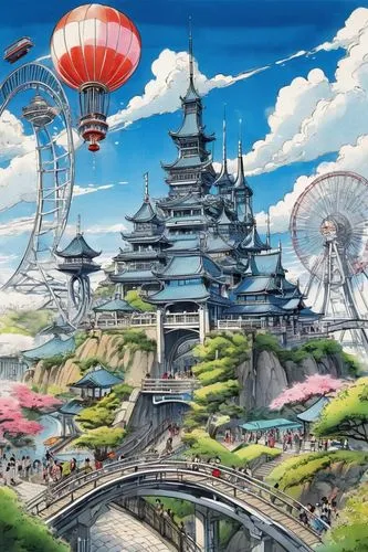 fantasy world,fantasy city,amusement park,ecotopia,imaginationland,futuristic landscape,imagawa,ghibli,bird kingdom,japan landscape,airships,shanghai disney,tokyo disneyland,skycycle,fairy world,maplestory,megapolis,studio ghibli,dream world,usj,Illustration,Paper based,Paper Based 30