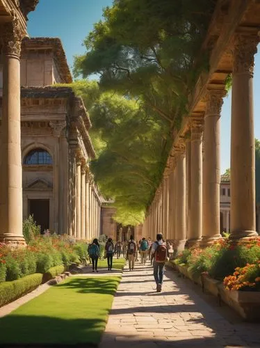 Ancient university buildings, grandiose architecture, Roman columns, intricately carved stone walls, sprawling green lawns, vibrant flower beds, mature trees providing shade, students walking in casua