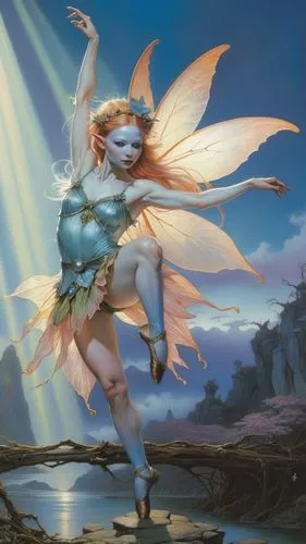 fairy with short dress, ballet pose,the painting depicts a fairy dancing over a stream,siero,fae,angelfire,rafaela,angelil,sundancer,Illustration,Realistic Fantasy,Realistic Fantasy 14