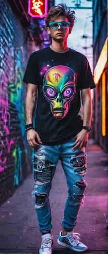 Creative img creator, young adult, male, trendy hair, hipster glasses, casual wear, graphic t-shirt, ripped jeans, sneakers, standing, urban background, city street, graffiti wall, night scene, neon l