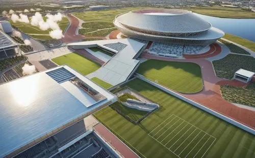 stadium design birds eye view,futuristic art museum,futuristic architecture,aldar,autostadt wolfsburg,qlizabeth olympic park,skolkovo,stadium falcon,brasilia,ordos,masdar,kaust,solar cell base,hengqin