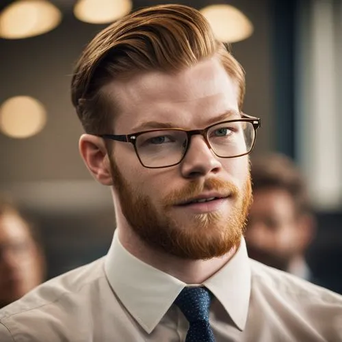 Cameron Monaghan with beard and glasses as businessman,a man wearing glasses and a tie in front of a crowd,gingrichian,paulsson,kjetil,zaytsev,arttu,ekholm,Photography,General,Cinematic