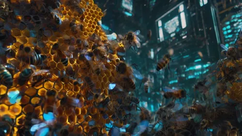 bee hives swarming through honey combs in the sunlight,confetti,multitude,matrix,fragmentation