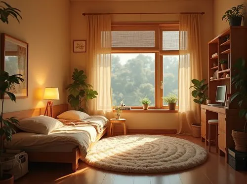 Cozy dorm interior, warm amber color tone, wooden furniture, soft glow table lamp, fluffy carpet, comfortable bedding, minimalist decor, plants on shelves, natural light pouring in through large windo