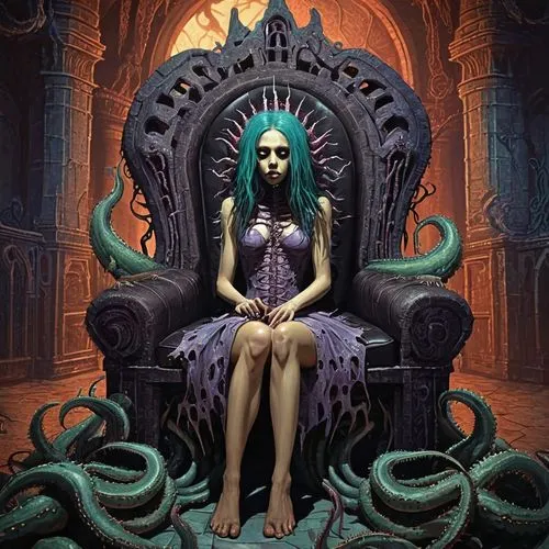 throne,medusa,the throne,mordenkainen,medusa gorgon,pernicious,illithid,lacrimosa,priestess,vecna,rapunzel,lovecraft,vodun,hel,planescape,estess,priestesses,melusine,odditorium,eldritch,Illustration,Realistic Fantasy,Realistic Fantasy 47