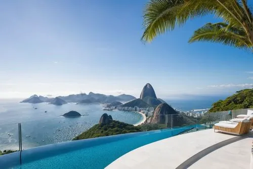 Rio de Janeiro architecture, modernist style, iconic buildings, curved lines, white concrete, glass windows, balconies with ocean views, tropical trees surrounding, vibrant colorful Brazilian tiles, o