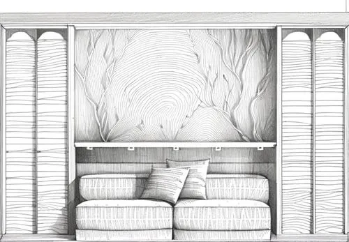 a drawing of a couch next to a cabinet with pillows,fireplace,proscenium,chimneypiece,bookcases,fireplaces,inglenook,Design Sketch,Design Sketch,Fine Line Art