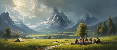 fantasy landscape,northrend,salt meadow landscape,mountain scene,druid grove,fantasy picture,mountain landscape,landscape background,mountain settlement,mountain meadow,fallen giants valley,mountainous landscape,mountain world,elven forest,guards of the canyon,mountain pasture,world digital painting,mountains,alpine meadow,forest landscape,Conceptual Art,Fantasy,Fantasy 12