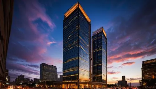 Modern skyscraper, glass exterior, metallic framework, intricate details, symmetrical design, vibrant cityscape, sunset lighting, dramatic clouds, low-angle shot, grand entrance, marble lobby, sleek e