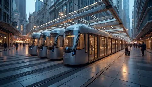 Modern tram station, steel-framed structure, sleek lines, metallic materials, silver color tone, geometric shapes, minimalist design, urban setting, cityscape background, busy streets, evening time, w