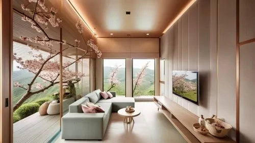 This photo showcases the living room and kitchenette of a suite in a hotel located in Puli, Taiwan, with a design that incorporates elements of spring cherry blossoms. The suite features modern furnit