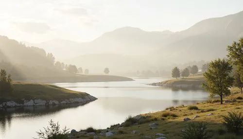 Soothing atmosphere, calming ambiance, serene landscape, gentle hills, misty mountains, peaceful lake, soft sunlight, warm beige tones, pale blue hues, muted greenery, creamy whites, tranquil blues, s