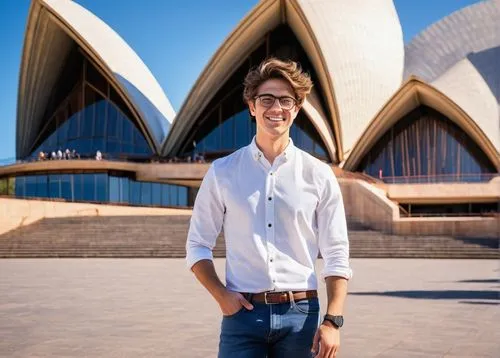 Bachelor of Design in Architecture, USYD, Atar, male, 20s, casual wear, jeans, white shirt, sneakers, messy brown hair, glasses, confident posture, holding a portfolio, standing in front of a modern u