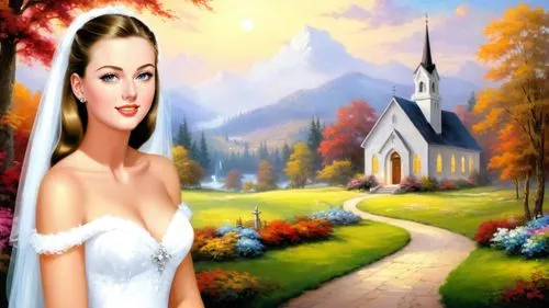 dark saturated colors, Romantic masterpiece oil painting, beautiful girl white bridal gown portrait, nostalgic 1950's style kitsch, rural American church landscape, cozy familiar scenery, by Thomas Ki