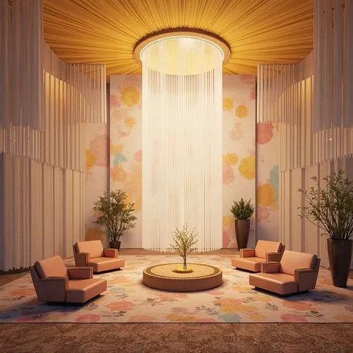 3d render,mid century modern,render,interior design,3d rendering,hotel lobby,floral mockup,floor lamp,interior decoration,art deco background,lobby,background design,retro modern flowers,modern decor,brighthouse,renders,bamboo curtain,interior decor,alcove,3d rendered