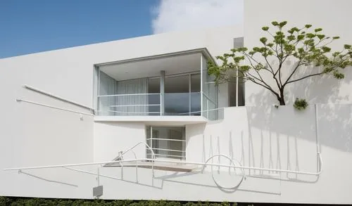 UNA CASA  ESTILO MINIMALISTA CON UN MURO DECORADO CON UNA JARDIENRA CON PLANTAS DE FORMIO, UN GRAN ARBOL SALE DE LA BARDE QUE LIMITA LA CASA, UNA GRAN PUERTA DE MADERA DE CEDRO DE ACCESO, Y EN LA PLAN