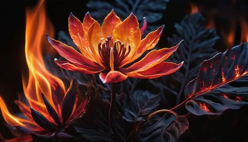 The flame flower has no petals but smoke as leaves and fire sparkles as petals,flame flower,flame lily,fire flower,torch lilies,fire poker flower,dancing flames,fire background,torch lily,flame vine,o