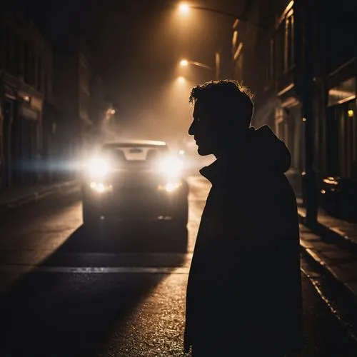 A silhouetted man alone in a dark street being blinded by the ultra-bright headlights of a silhouetted car

































,the car is driving down the street near the man,deakins,wom