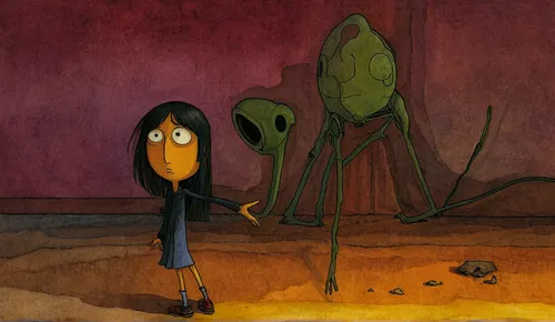 Me and my imaginary friend Lisa,tadpole,phage,woman frog,pea soup,swampy landscape,firefly,bacteriophage,nepenthes,angelica,animated cartoon,alien planet,alien,confrontation,tall tales,finding,amphibi