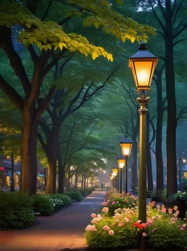 Portland-style path, evening time, warm golden lighting, paved walkway, lined with tall trees, leafy branches stretching towards the sky, ornate lamp posts, vintage-inspired street signs, blooming flo