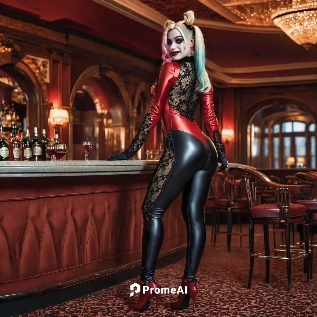 harley quinn, verführerischer blick, spitzencatsuit, mit cutouts, highheels, stehend, seitenansicht, blick über schulter, erotische pose, viktorianische hotelbar, ganzkörper,harley quinn,catsuit,catwo