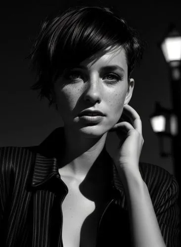 BLACK & WHITE PHOTO, film noir lights night city backdrop, very short shaved hair, windy, remove hand, light freckles, 32 years old woman, beautiful, lights and shadows, street light glares, ,pixie cu