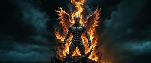 an illustration of a demonic demon standing in front of flames,surtur,fire background,pillar of fire,firelord,ifrit,firewind